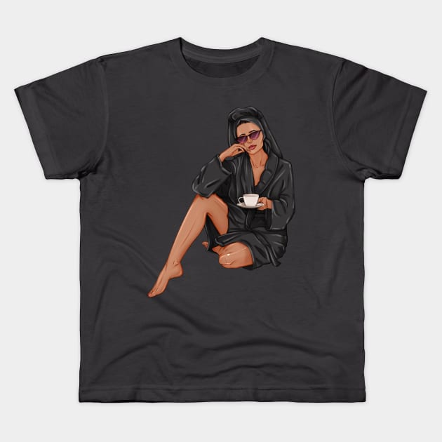 woman with cup of tea in black spa robe Kids T-Shirt by ArctiumStudio